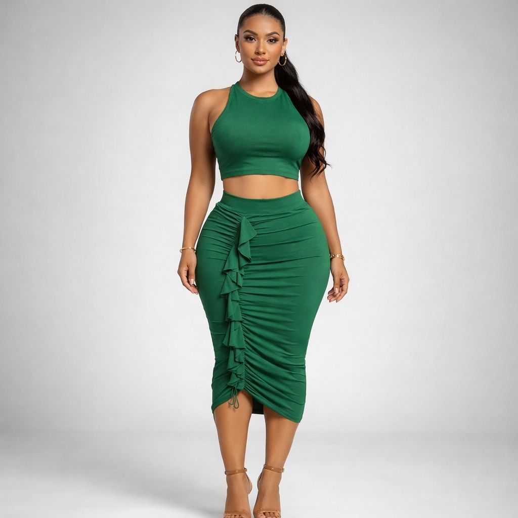 Green TwoPiece Skirt Set Halter Crop Top & Ruched Midi SkirtMidi Skirt Outfit